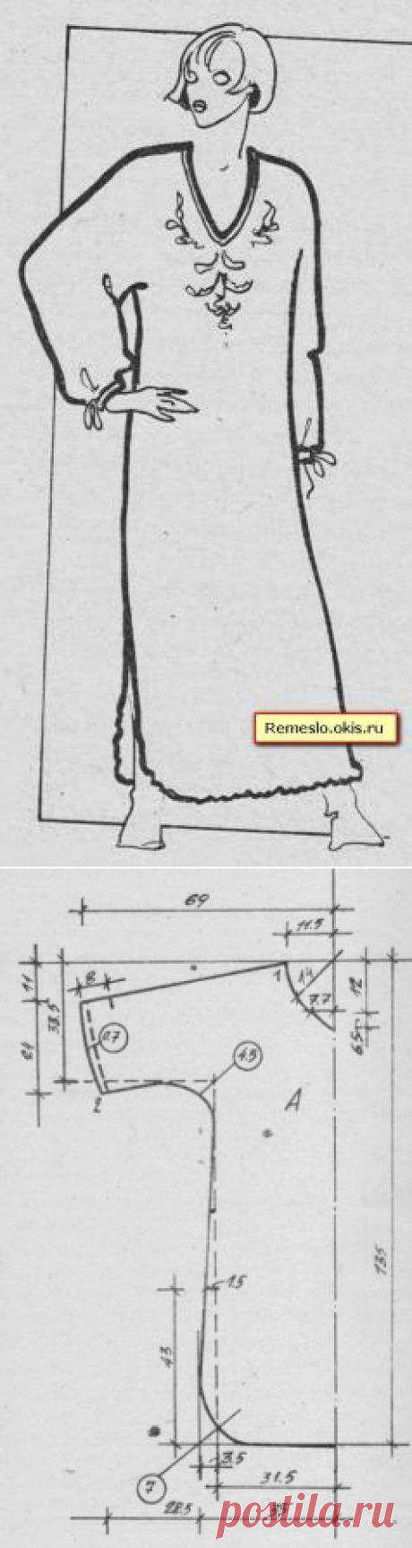 Чертеж сорочки с цельнокроеными рукавами: а - спинка и перед; б - фигурный вырез