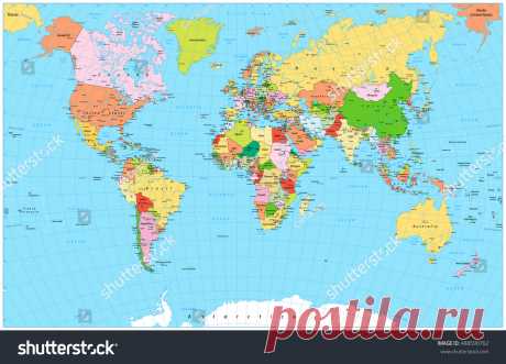 Large Detailed Political World Map Water Стоковое Векторное Изображение 488590762 - Shutterstock