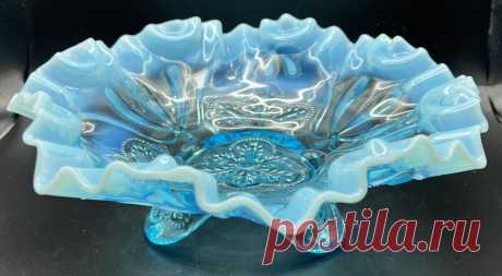 Vintage Jefferson Ruffled Blue Opalescent Glass Footed Bowl - Meander pattern | eBay