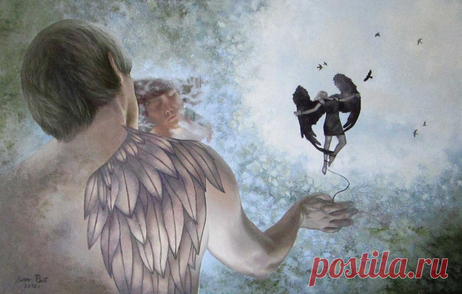 Лиза Рэй "Ангел земной и небесный", х.м., 130Х85, 2012
Я АНГЕЛ в этом мире странном...
Я ДЬЯВОЛ-так меня назвали...
Я разгоню волну тумана, увижу голубые дали,
Но лёд и пламя между нами...
Уйду... И ты не вспомнишь даже...
Я ДЬЯВОЛ с грустными глазами,
Я АНГЕЛ в крыльях цвета сажи...