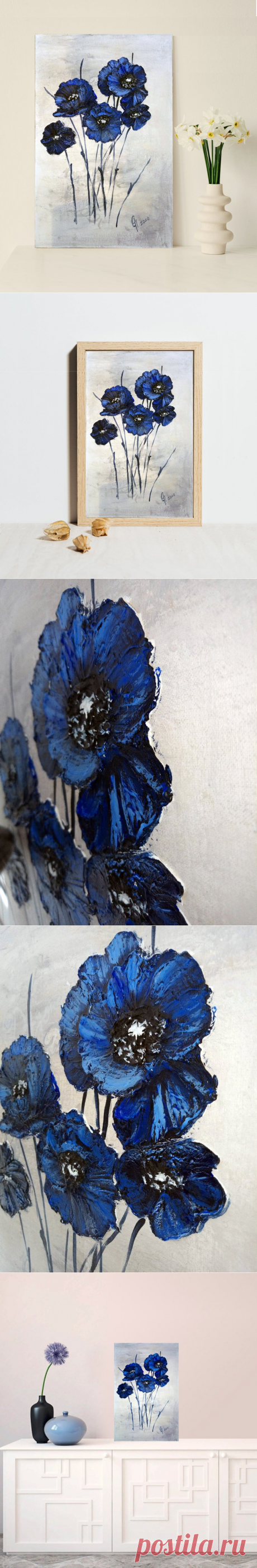 Blaue Mohnblumen Acryl-Malerei auf Leinwand Mohn Blumen | Etsy