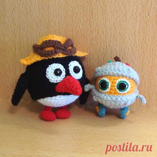 PDF Пин и Биби крючком. FREE crochet pattern; Аmigurumi toy patterns. Амигуруми схемы и описания на русском. Вязаные игрушки и поделки своими руками #amimore - Смешарики Пин и Биби, маленький робот и пингвин из мультфильма, малышарики.