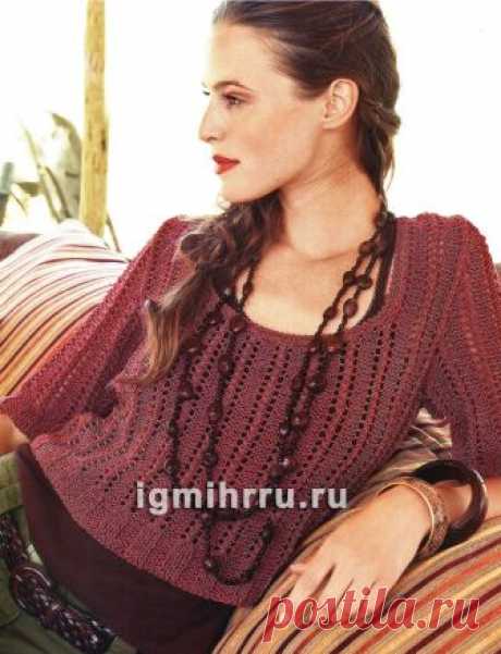 Терракотовый пуловер с ажурной резинкой. Вязание спицами