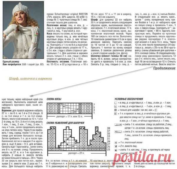 Вязаные комплекты спицами схема описание Комплект шапка, шарф варежки спицами. Зимний комплект спицами Я Хозя � Вязание д