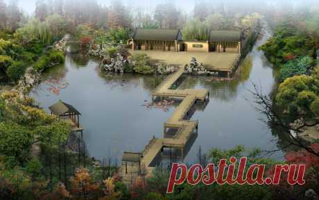 Дома, река, рыбы, мост, лес, камни обои для рабочего стола, картинки, фото, 1920x1200.