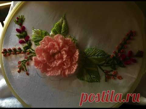 Hand embroidery. Brazilian embroidery design. Rose flower embroidery.