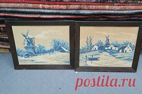 Set @ 2 Antique Vintage Cross Stitch Embroidered Holland Dutch Windmill Tapestry  | eBay Dutch Windmill Scenes - The beige background is not stitched. Older set of Cross Stitch - Hand Embroidered.