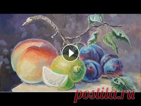 Как нарисовать натюрморт с фруктами гуашью/How to paint a still life of fruits Рисуем простой рисунок гуашью - натюрморт с фруктами. Для этого нам понадобится набор гуаши, кисточки № 4 (плоская), № 1,2,3 (круглая), кисточка с дли...