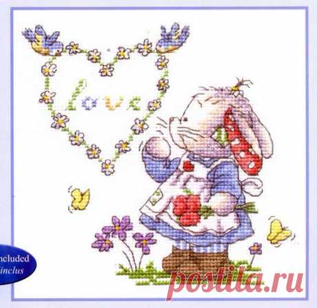 Схема вышивки - Зайка с цветочным сердечком