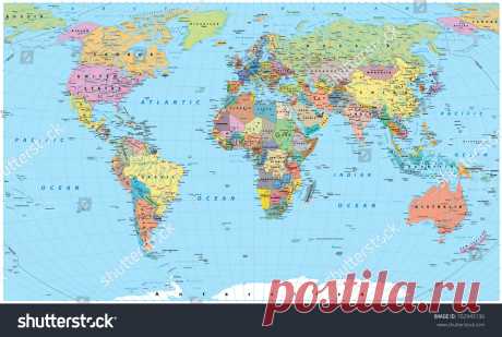 Colored World Map Borders Countries Roads Стоковое Векторное Изображение 702945136 - Shutterstock