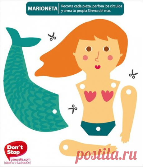 Marioneta de papel: Sirena Personajes para armar con la familia, contiene todos los broches necesarios para unir brazos y piernas, sólo debes recortar las diferentes formas y ya puedes comenzar a jugar, la marioneta mide 12 x 15  cms y está impresa en papel couché.