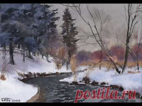 Зимний пейзаж с акварелью. Watercolor winter landscape