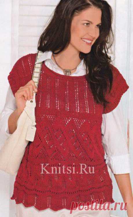 Узорчатый темно-красный пуловер. Вязание для женщин / Пуловеры / Спицами