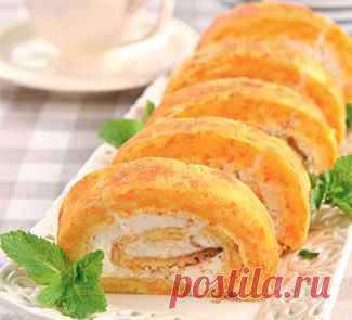 Тыквенный рулет со сливочной начинкой, выпечка. Пошаговый рецепт с фото