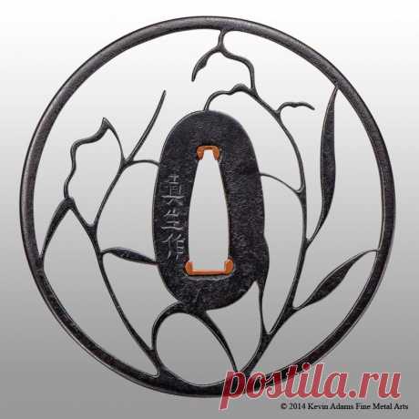 14-10-10 Copy of an Akasaka tsuba made for the &quot;Stories in Steel&quot; exhibit, October 27th-November 30th, Toronto. Steel plate with copper sekigane. Ura side. 80mm x 81mm x 4mm. Private collection (KB), Poland.(Копия коллекционной цубы -  гарды япон. хол.оруж.))