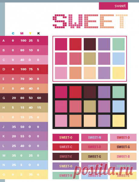 Sweet color schemes, color combinations, color palettes for print (CMYK) and Web (RGB + HTML)