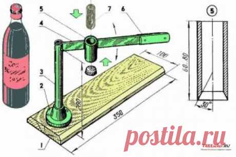 Станок для закупорки  стеклянных бутылок Очень удобное приспособления для домашнего мини винозавода, или консервирования.
 

Рис.1. Самодельный станок для закупоривания бутылок: 1 - основание; 2 - фланец; 3 - стойка; 4 - рычаг (условно повернут по часовой стрелке); 5 - втулка-обжимка; 6 - ручка; 7 - толкатель.
 Конструкция самодельного