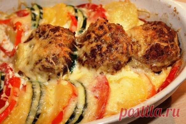 Тефтели с овощами в духовке

Ингредиенты 
200 гр. мясной фарш (свинина+говядина) 
1 шт. хлеб (булочка) 
1 шт. репчатый лук 
100 гр. сыр (твердый) 
2 шт. куриное яйцо 
2 шт. помидоры 
3 шт. картофель (вареный) 
1 шт. перец (сладкий) 
1 шт. кабачок 
75 мл. сметана 
150 мл. сливки 
3 ст.л. растительное масло 
по вкусу перец (молотый) 
по вкусу соль 

Приготовление:
1.В готовый фарш добавляем размоченную в воде булочку, одно яйцо, мелко нарезанный лук, 
перец, соль и перемешив...