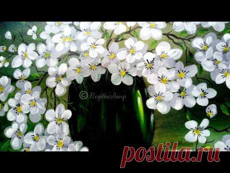 Step by Step acrylic painting on canvas for beginners | simple flower vase painting tutorial - YouTube