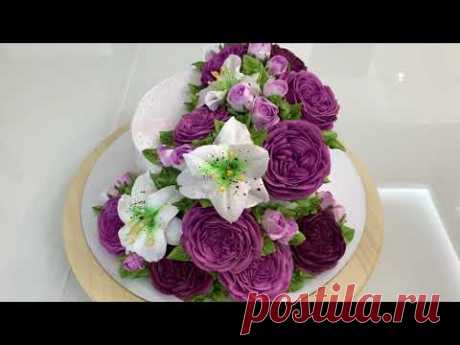 УКРАШЕНИЕ торта 💥 Розы ОСТИНА ЛИЛИИ из БЗК 🔥 Красивый торт!