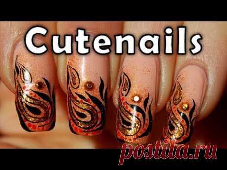 Nail art design : Ethnic gold &amp; orange by cute nails - YouTube