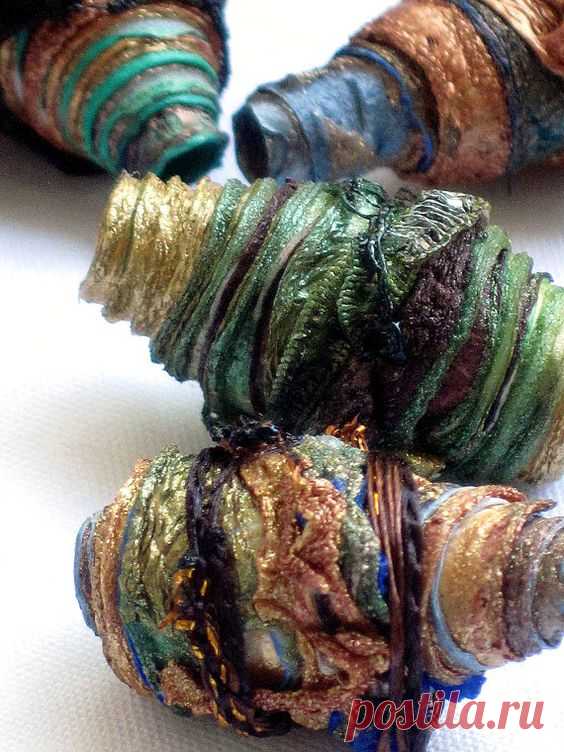 10 mixed media textile art fiber beads hand made with Tyvek - DARK AUTUMN a mix of shimmering greens copper brown teal gold