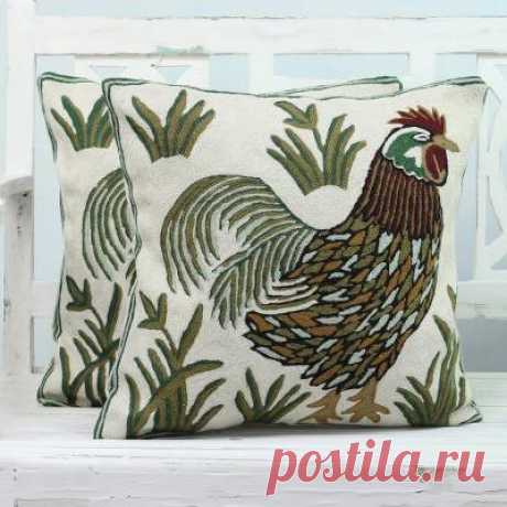 Two Embroidered Cushion Covers with Roosters from India - Rooster Crow | NOVICA