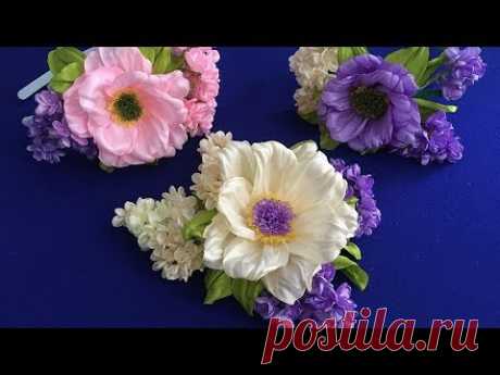 Ribbon flowers.Lilac/Floras de cinta.Lila/Цветок и сирень из лент