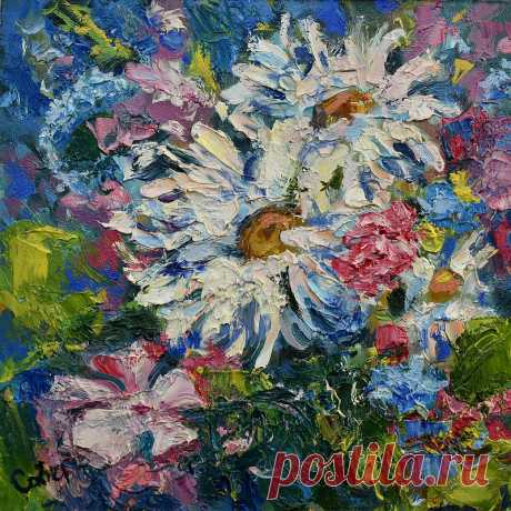 Daisy Painting Flowers Original Art Floral Impasto Oil Small Artwork Picture - ArtDivyaGallery  - Illustration, Painting & Calligraphy | Pinkoi Daisy Painting Flowers Original Art Floral Impasto Oil Small Artwork Palette Knife Textured Wall Art Gift Picture 18x18 cm  by Savenkova