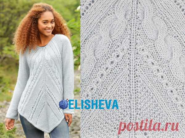 Удлинённый джемпер вязаный спицами с ажуром и жгутами от Drops Design | Блог elisheva.ru
