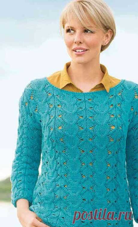 Вязаный женский эффектный пуловер винтажным узором спицами – схема с описанием