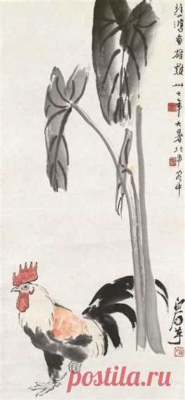 Rooster and Taro Leaves, 1948 - Xu Beihong - WikiArt.org ‘Rooster and Taro Leaves’ was created in 1948 by Xu Beihong in Ink and wash painting style. Find more prominent pieces of animal painting at Wikiart.org – best visual art database.