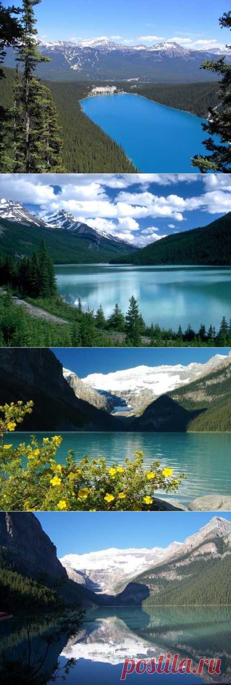 Изумрудная красота ледникового озера Луиз в Канаде.Свой удивительный изумрудный цвет озеро принимает из-за талой воды, которая стекает с гор. Озеро находящиеся у подножья гор поражает своей естественной красотой как в теплые периоды года так и зимой.