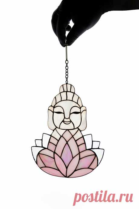 Stain glass sun catcher Buddha and lotus Stained glass window hanging  Buddha window hanging suncatcher made of stained glass pieces by my own disign.Handmade using Tiffany copper foil technique.Looks amazing in the lights of a sun.You will get it completely ready for installation. It comes with a suction cup hanging and copper chain.I can change the colors you like to your custom request