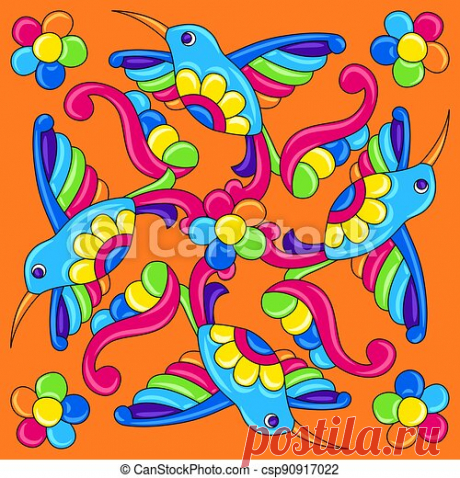 Mexican talavera ceramic tile pattern with tropical hummingbirds. traditional decorative objects. ethnic folk ornament.