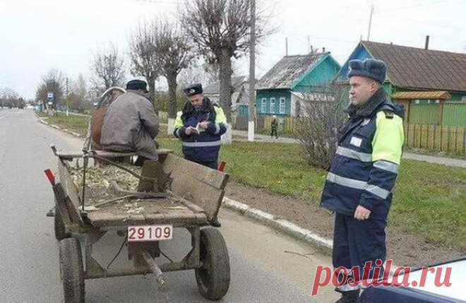 Решили два гаишника над дедом, едущим на телеге, приколоться...