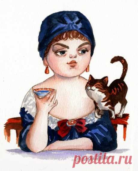 «Купчиха за чаем» в интерпретации художницы в Любы Дикер (в инстаграм @luba_diker). Похищено для нашей постоянной рубрики #крадикакхудожник.