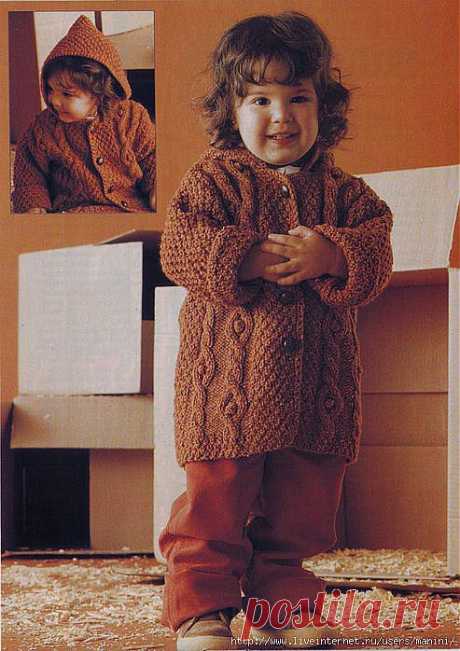 Коричневое пальтишко с капюшоном.