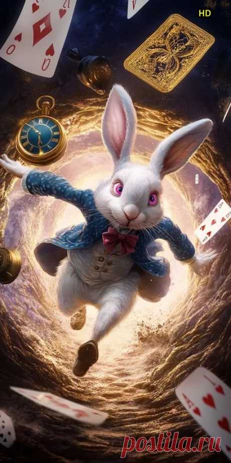 Midjourney: Whimsical, chaotic scene of a white rabbit in Wonderland.