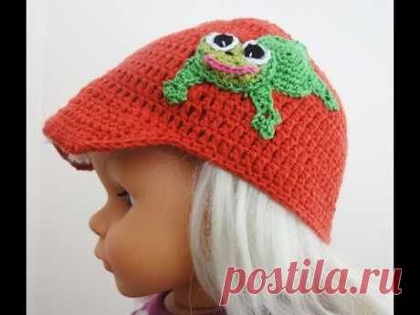Шапочка с козырьком Ч-1 Cap with a visor Crochet Р-1. Шапочка с козырьком и аппликацией &quot;Лягушонок&quot; размер 48-50 связана крючком 3 мм.