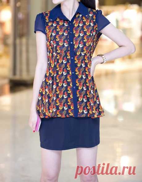Chiffon dress, Loose Short sleeve dress, Women long dark blue dress Sweet was printing, lapel, shoulder wood ear design Chiffon fabric drape, upper body cool and comfortable, Chiffon Lining upper body, lower body without lining (lower body fabric with elastic) With side zippers, buttons solvable. 【Fabric】 Chiffon, Polyester 【Color】 dark blue 【Size】 Width 40cm/