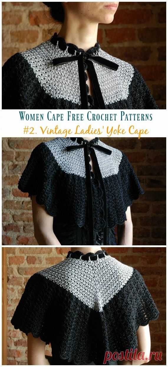 Vintage Ladies 'Yoke Cape Вязание крючком Free Pattern - Женская одежда #Cape;  Бесплатный # Вязание крючком;  Узоры