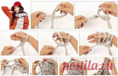Вяжем шарф на руках. Без спиц и крючка. Мини МК.