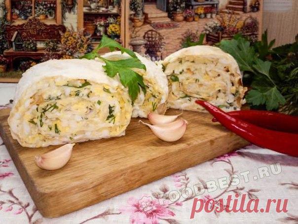 Рулет из лаваша с капустой и яйцом: на 100 грамм - 102.65 ккал￼
Б/Ж/У - 5.6/2.88/12.93 

￼