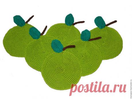 Купить Чайный набор "Зеленое яблоко" - ярко-зелёный, салфетка, крючком, скатерть, для кухни