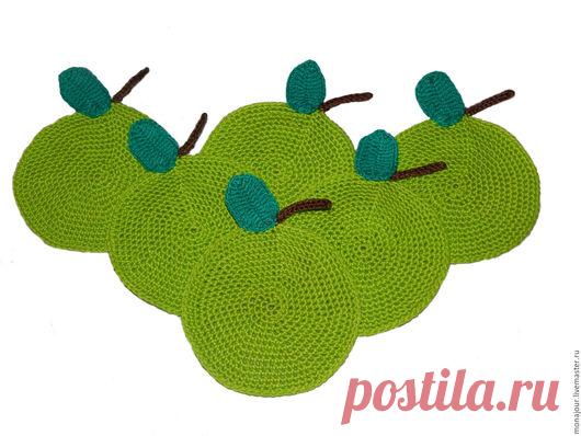 Купить Чайный набор "Зеленое яблоко" - ярко-зелёный, салфетка, крючком, скатерть, для кухни