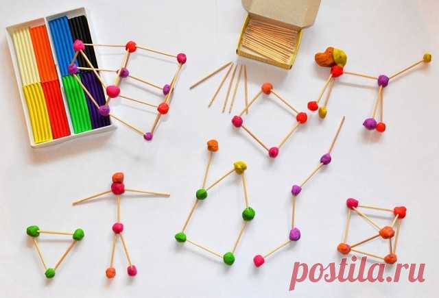 Креативный конструктор своими руками  

Материал: 
- пластилин (подойдет уже ранее использованный, в котором намешаны разные цвета) 
- зубочистки 

 Ход работы: 

Всё очень просто - катаем шарики и скрепляем их зубочистками. Играем в несколько подходов - строим геометрические фигуры (круг, квадрат, звезда, многоугольник, ровные и ломаные линии), потом плоские предметы (елочки, лодочки, цветы, солнышко), дальше переходим к объему (домики, пирамидки, человечки, животные). Иг...