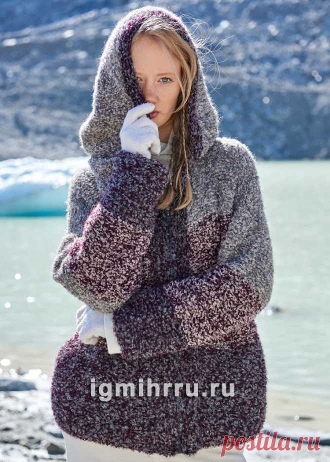 Жакет из буклированной пряжи, с капюшоном. Вязание спицами со схемами и описанием
