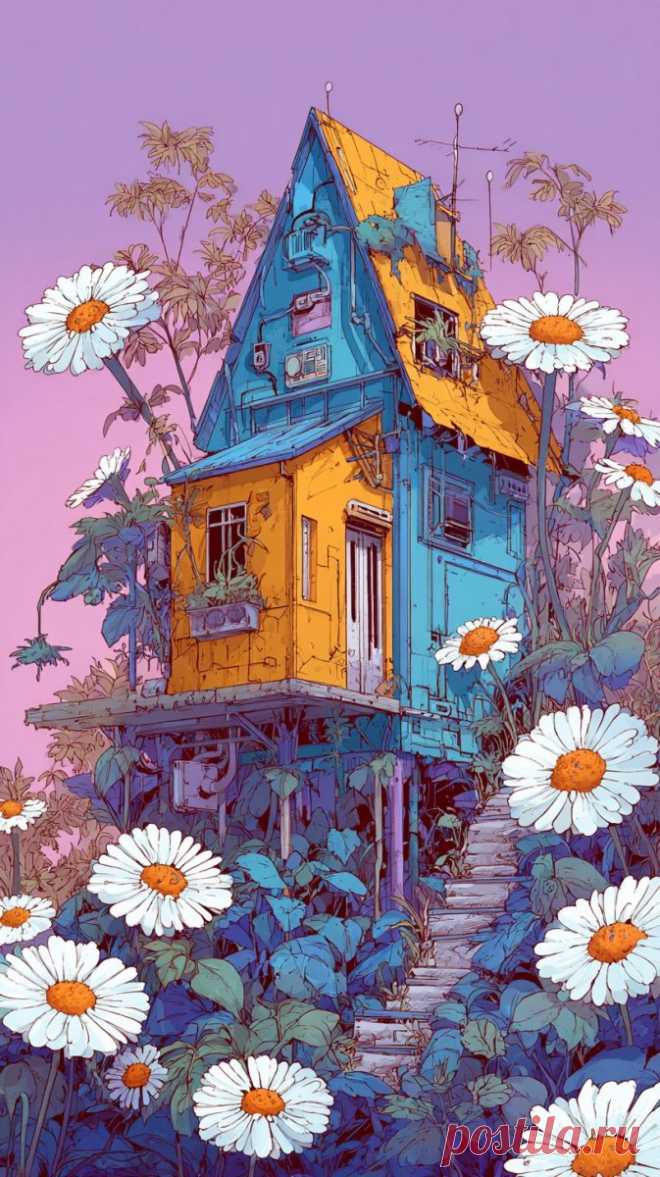 Яркий домик и ромашки в сказочном стиле. Нейросеть Миджорни - Midjourney примеры промтов - Форум ИИ о нейросетях - Yes Ai