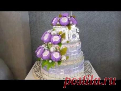 Мастер-класс ТОРТ ИЗ ШОКОЛАДНЫХ БАТОНЧИКОВ И ЦВЕТАМИ ИЗ БУМАГИ/ DIY SWEET BOX